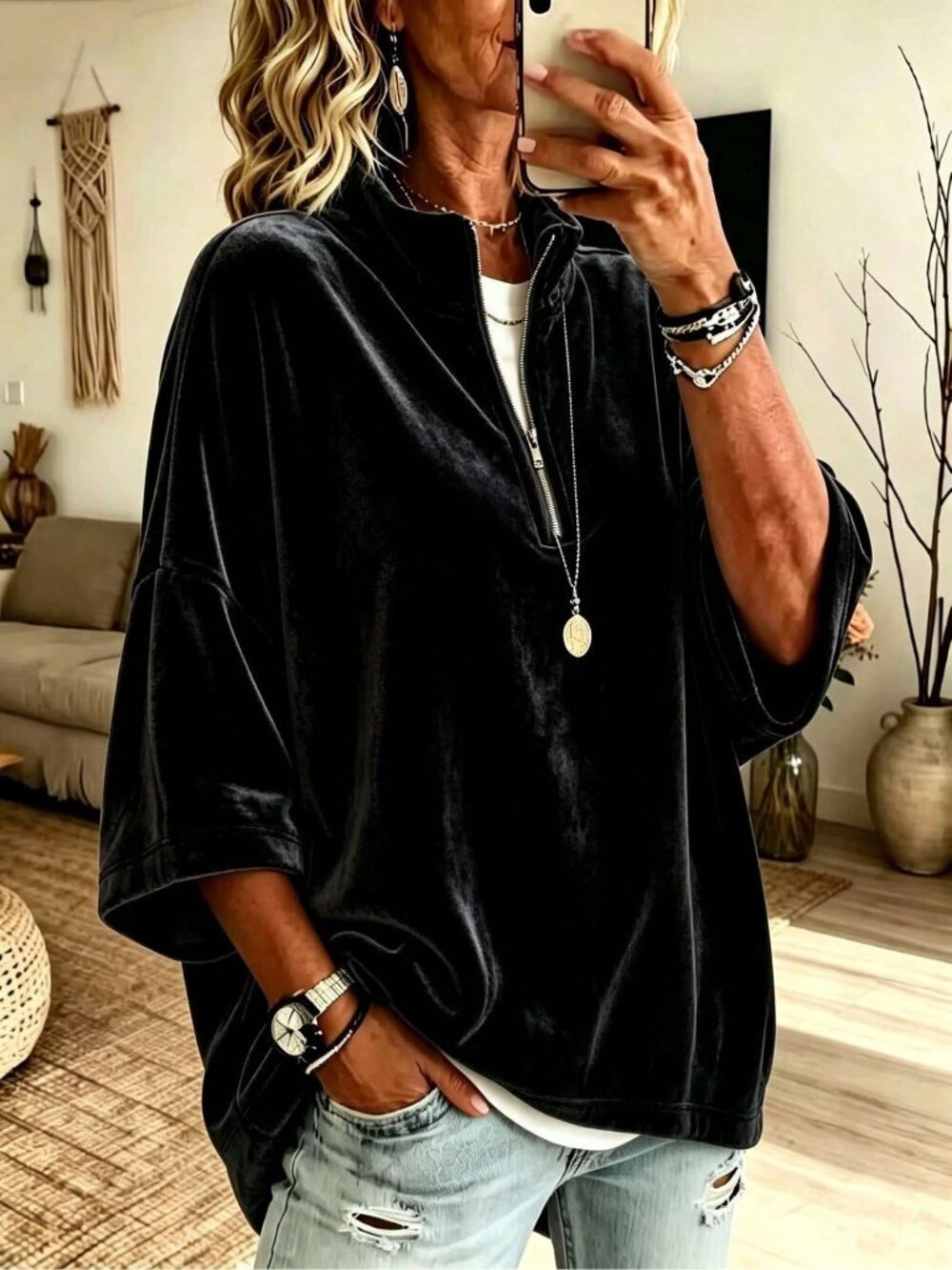 Black Sexy Women's Velvet High Neck Zip Pullovers